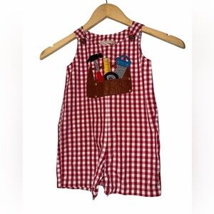 Toffee Apple Red Gingham appliqué embroidered Tool Pocket jon jon Overalls 18m
